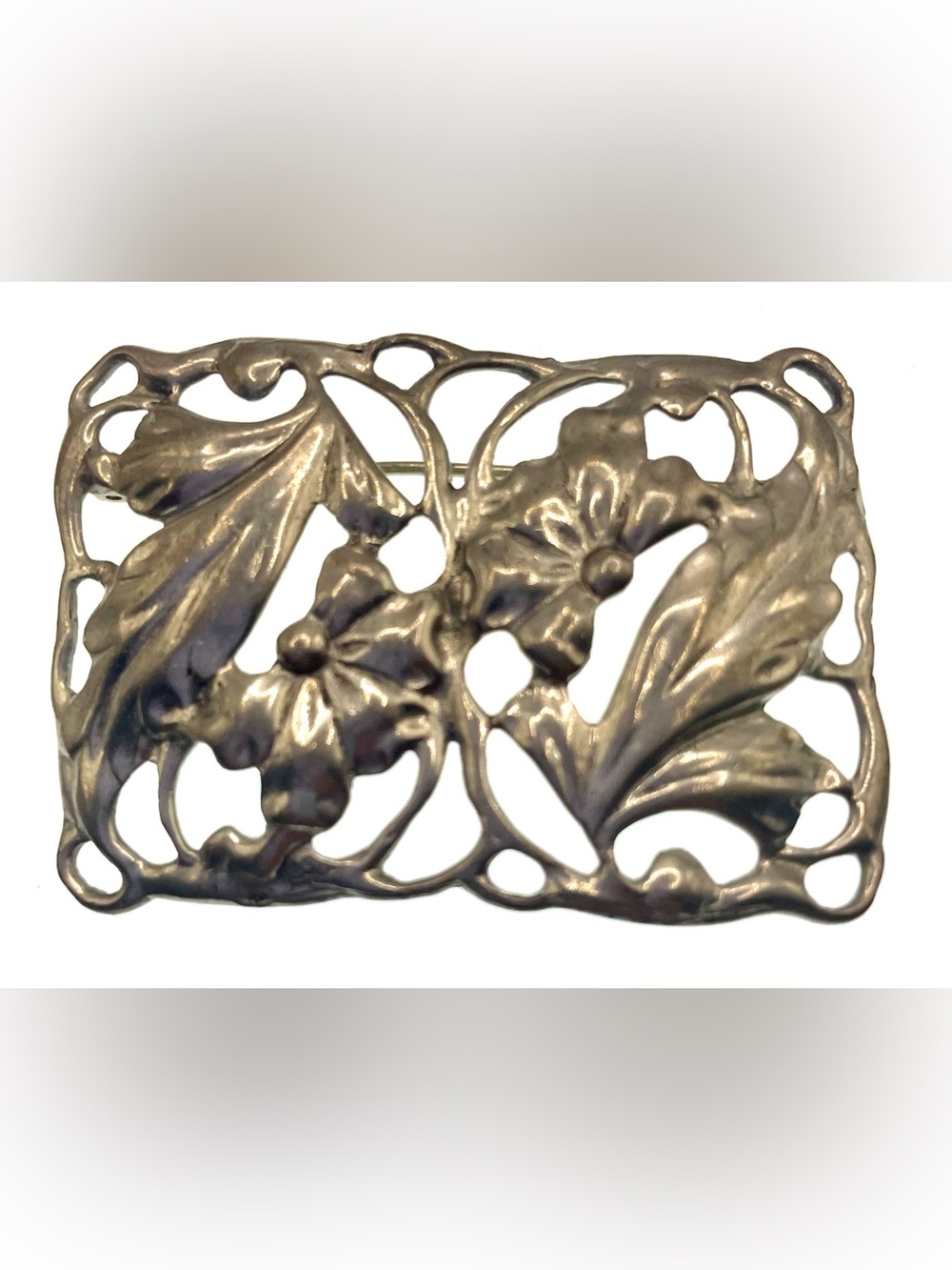 Vintage Art Nouveau Style Botanical Floral Openwork Silver Tone Brooch 2”